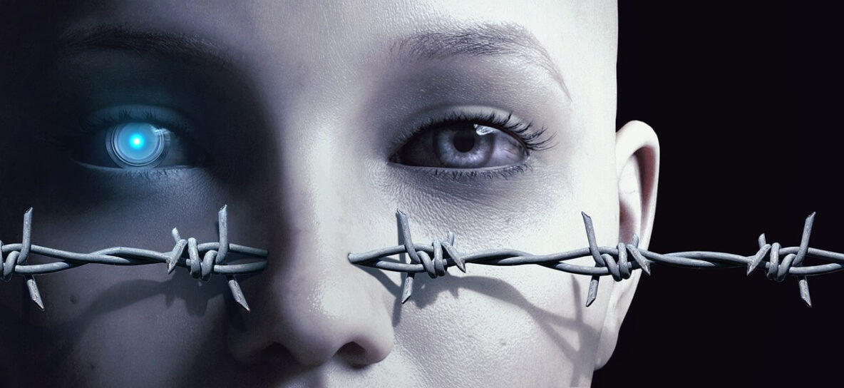 Cyborg with barbed wire through nose.